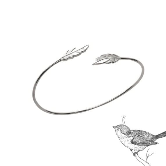 Jonc ouvert plume en argent 925 rhodié. Chez Poisson Plume