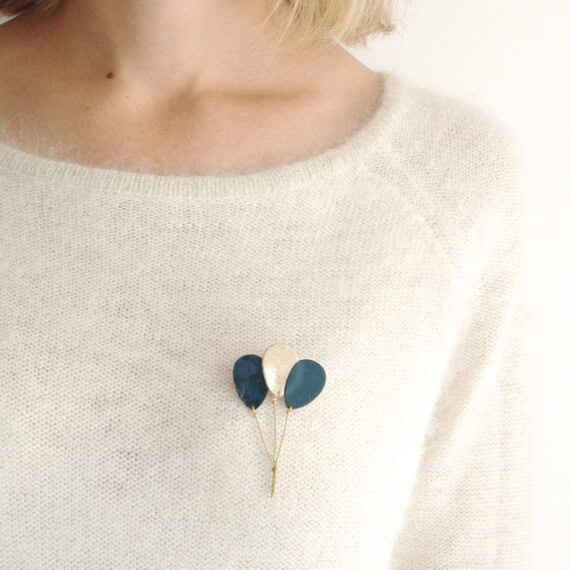 Bijou de créateur - Broche Ballons bleu et doré made in France