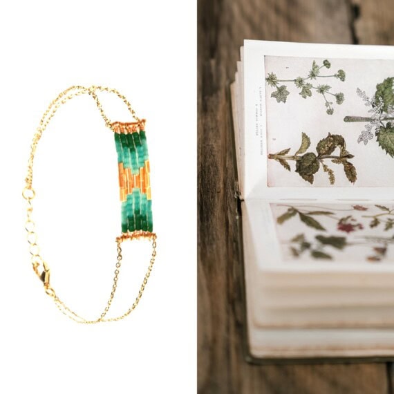 Bracelet de créateur folk bohème vert sapin haute fantaisie chez poisson plume