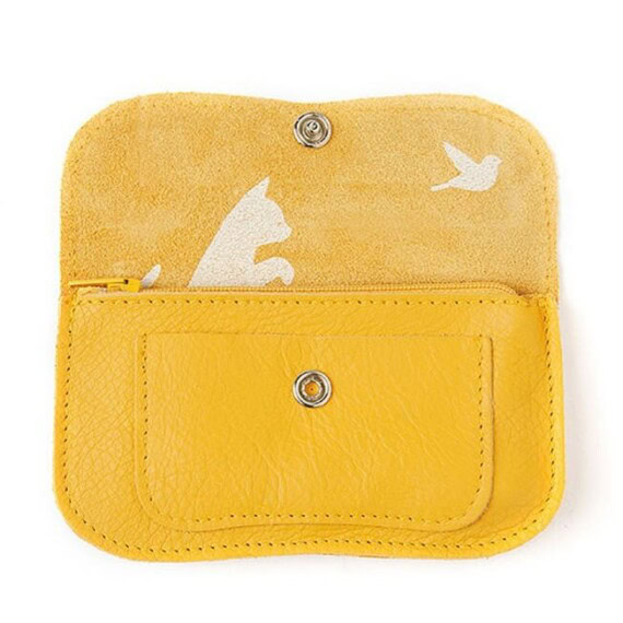 Petit porte monnaie en cuir avec une sérigraphie chat, chez Poisson Plume