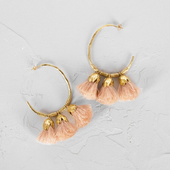 Boucles d'oreilles créoles plaque or et popons roses