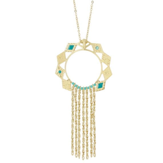 Sautoir de créateur doré et turquoise