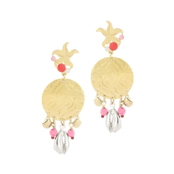 Boucles d'oreilles pendantes dorées Ocean corail Chez Poisson Plume bijoux