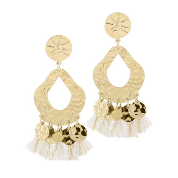 Magnifiques boucles de créateur Motu-Piti dorées et pompons blancs chez Poisson Plume