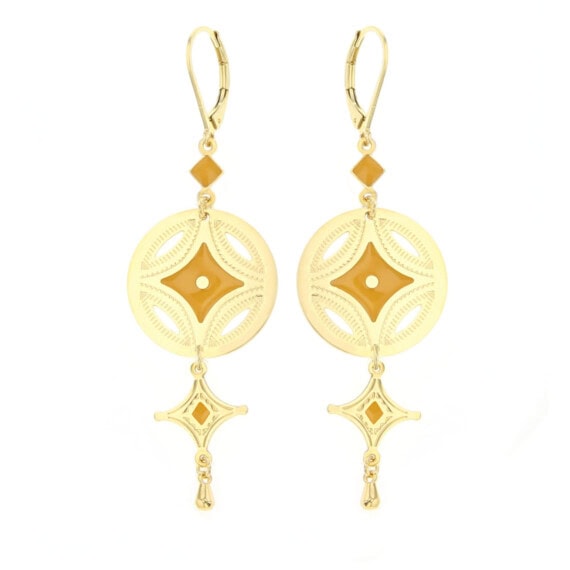 Boucles pendantes dorées et jaune, de la créatrice Laëti Trëma