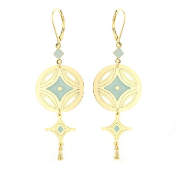 Boucles de créateurs pendantes dorées et bleu clair glacier, modeèle Caravane