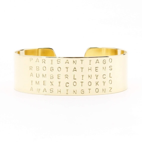 Bracelet gravé des villes du monde, doré à l'or fin