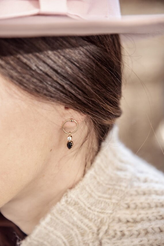 Les boucles goutte mimi en détail. Des bijoux Alexiane chez Poisson Plume.
