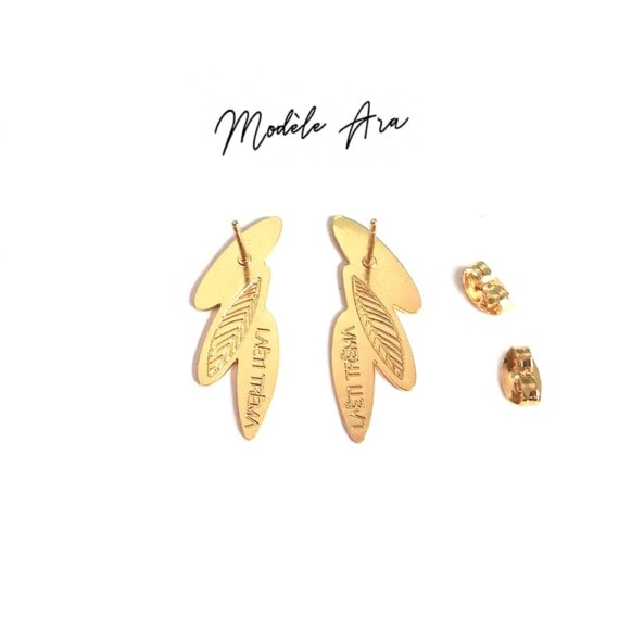 Boucles d'oreilles laeti trema, collection Amazonia Ara. En vente chez Poisson Plume. Vue de dos.