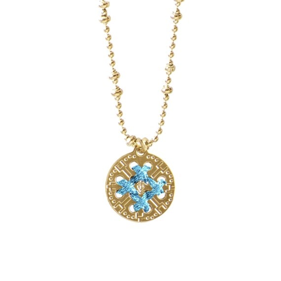 Collier mdéaille exclusif : broderie azur bleu iddéal Poisson PLume