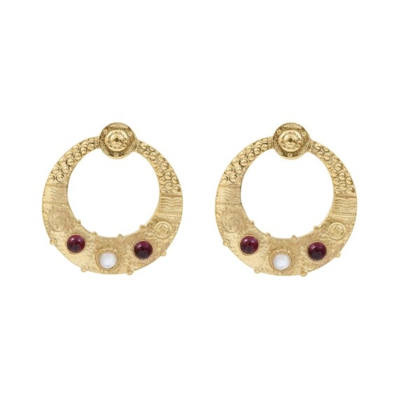 Boucles d'oreiolles créoles étrusques grenat et nacre de Dear Charlotte. Des bijoux de créateur chez Poisson Plume.