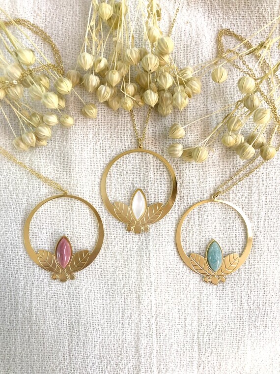 Sautoir flora rhodonite amazonite et nacre poissonplume bijoux