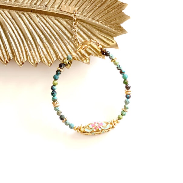 bracelet fleur émail rose et turquoise