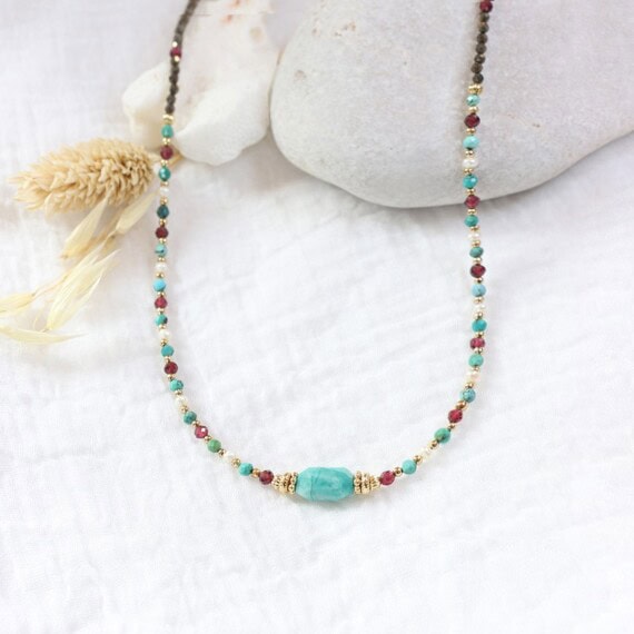 Collier Frida Amazonite multipierres Turquoise Grenat Perle