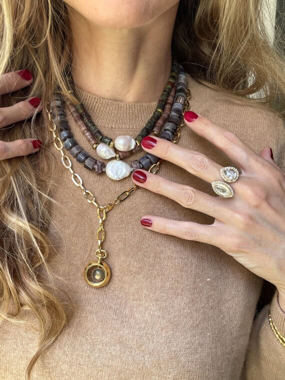 Collier rondelles pierres vertes et perle - collier rhodinite