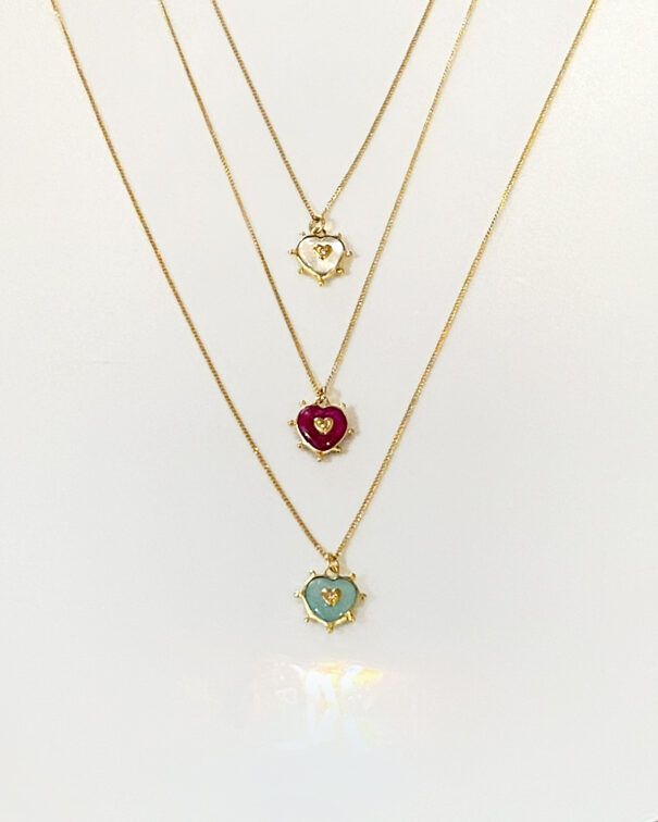 3 colliers fins ex-voto aqua blue, rubis et cristal - Colliers cœurs en plaqué or