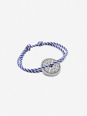 Bracelet fantaisie Rose des vents Grec. Cordon rayé bleu marine et blanc