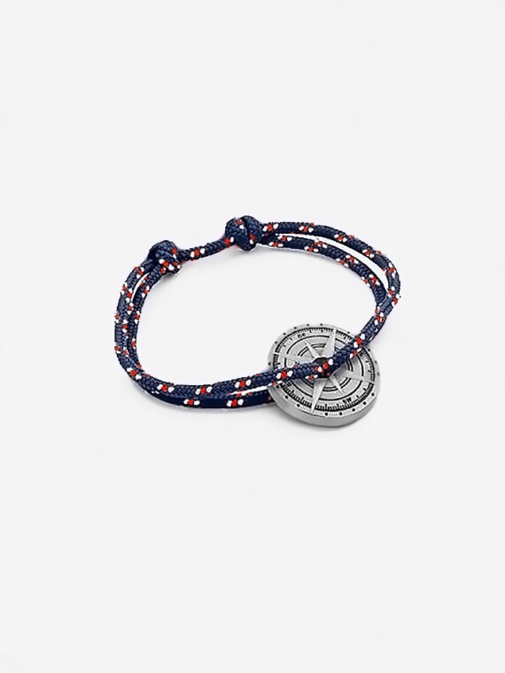 Bracelet fantaisie Rose des vents Libeccio. Cordon bleu rayé rouge et blanc.