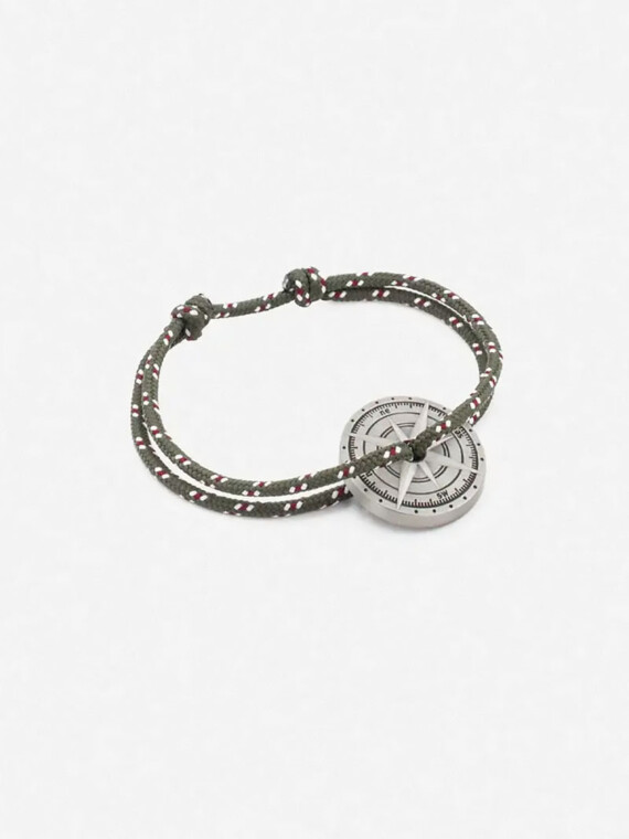 Bracelet fantaisie Rose des vents Libeccio. Cordon kaki rayé rouge et blanc.