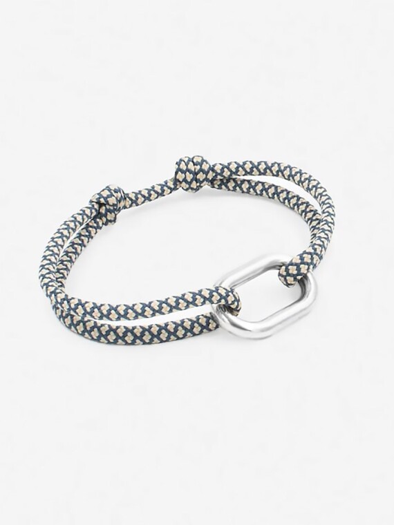 Bracelet Grand Maillon Toile en plaqué argent. Cordon beige et bleu.
