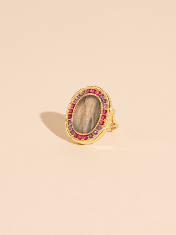 Bague Hera labradorite. Bijou ovale doré à l'or fin