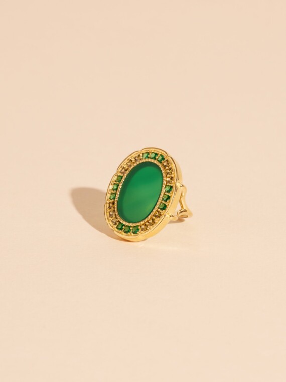 Bague Hera onyx vert. Bijou ovale doré à l'or fin