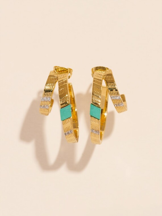 Créoles doubles Dona turquoise, dorées à l'or fin