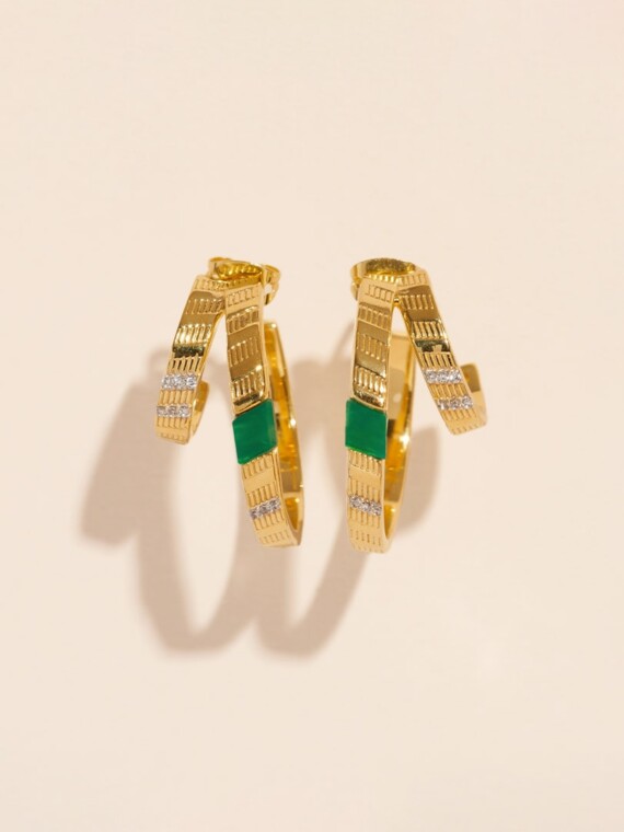 Créoles doubles Dona onyx vert, dorées à l'or fin