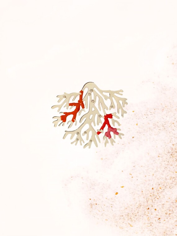 Broche corail Grenadine Maldives. Cette broche dorée est brodée de fil rouge.