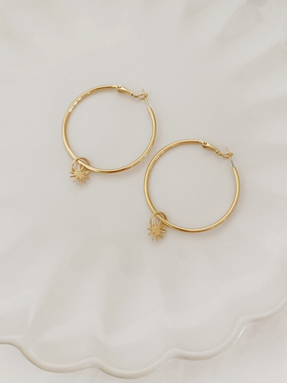 Grandes boucles créoles étoiles Sally dorées à l'or fin 24 carats