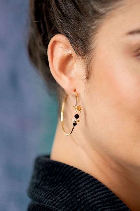 Boucles d'oreilles créoles Cosmic Dream Agate noire.