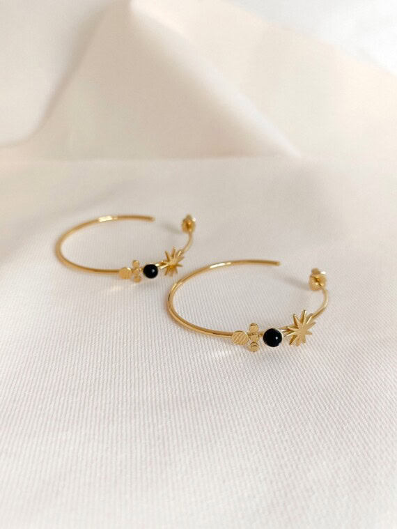 Boucles d'oreilles créoles Cosmic Dream Agate noire.