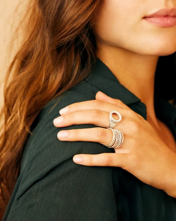 Bague semainier Ligne Sibylle Lignes et perlles argent et bague chervaliere perlée argent