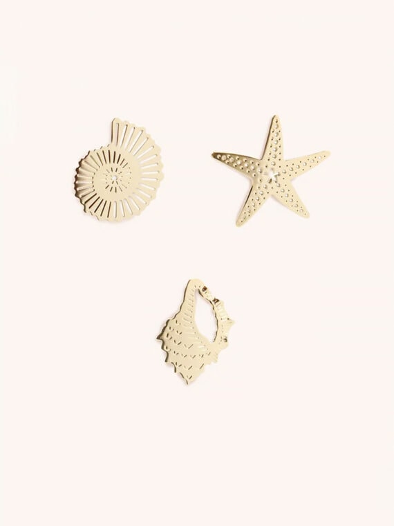 3 broches coquillage océan : Pin's amonite, étoile de mer ou murex.