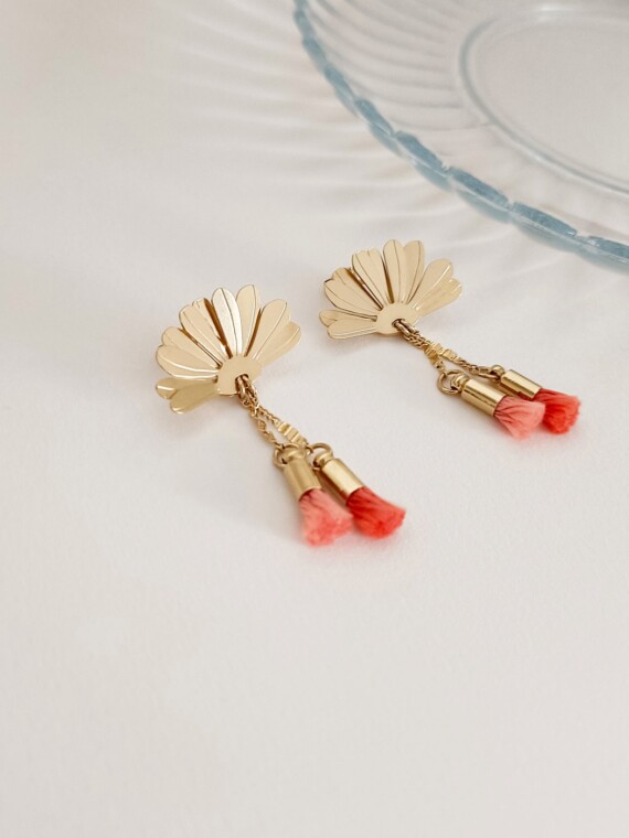 Boucles longues Tropico corail - Boucles d'oreilles pompons