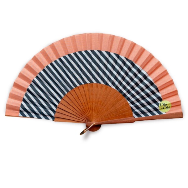 Eventail horizon corail. Accessoire de qualité, en tissu et bois de poirier. Fait-main.