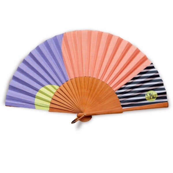 Pochon de l'Eventail Soleil corail. Accessoire de qualité, en tissu et bois de poirier. Fait-main.
