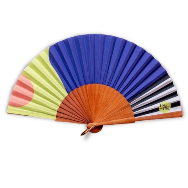 Pochon de l'Eventail Soleil Indigo. Accessoire de qualité, en tissu et bois de poirier. Fait-main.