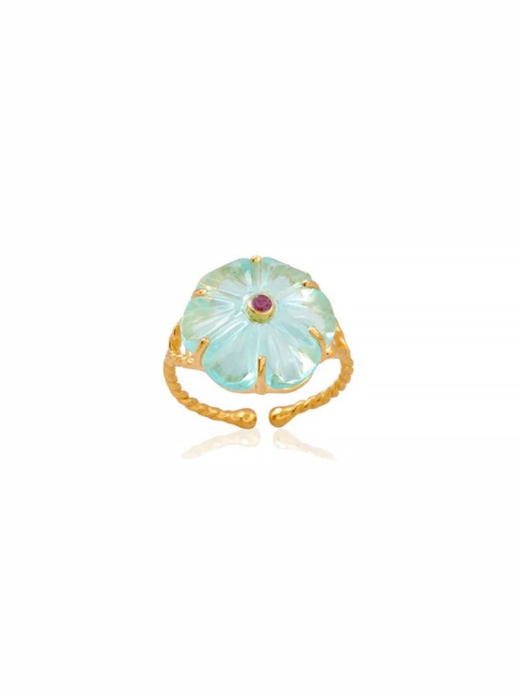 Bague fleur iris cristal aigue marine