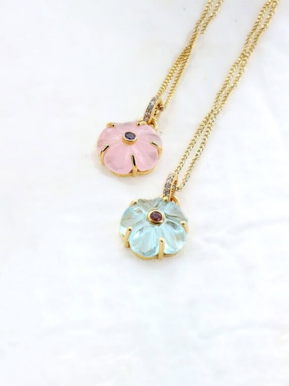 Collier fleur Tiny iris aigue marine