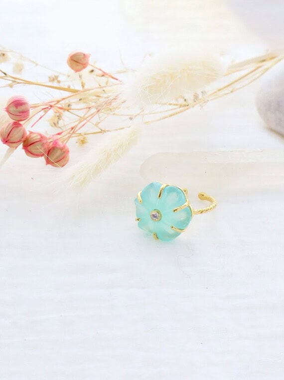Bague fleur iris cristal aqua