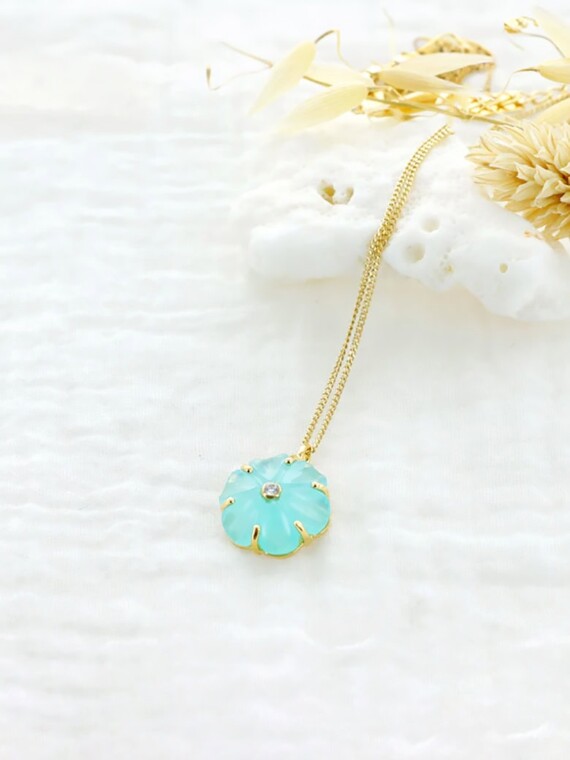 Collier fleur iris cristal aqua