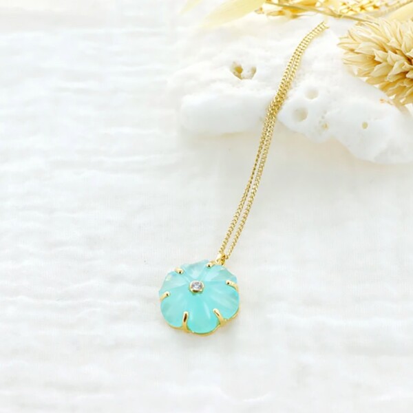Collier fleur iris cristal aqua