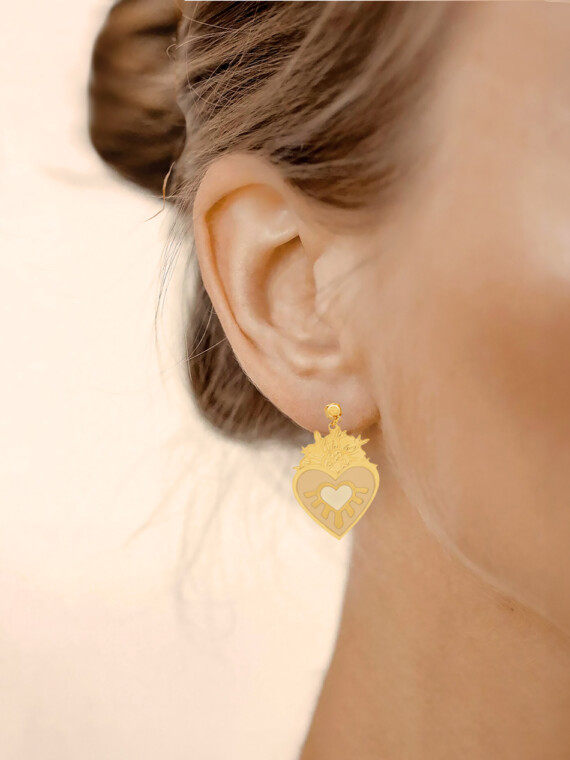grandes boucles d'oreilles dorées coeur femme ex voto - blanc