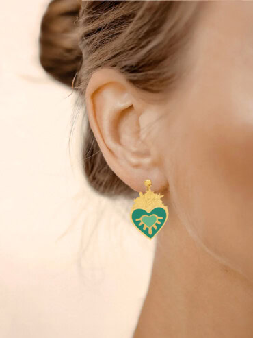 grandes boucles d'oreilles dorées coeur femme ex voto - vert