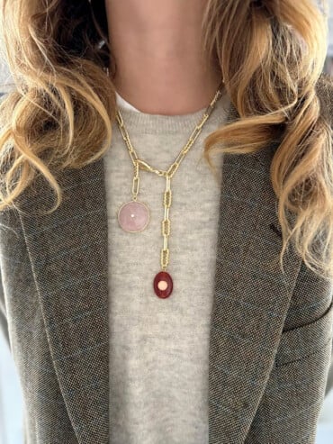 Collier double pendant quartz rose et cornaline Hyacinth