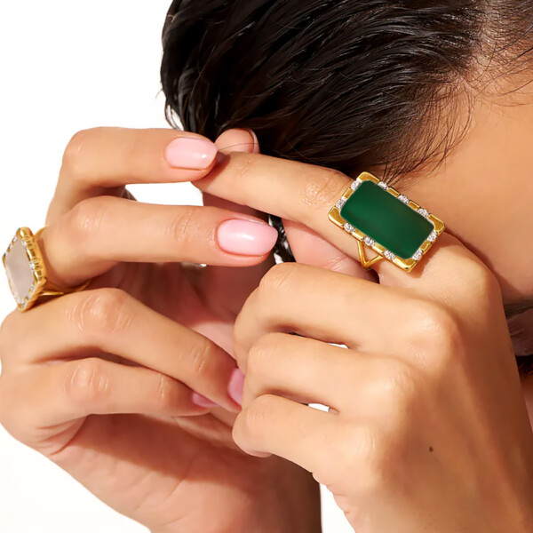 Bague Design Argent 925 Et Onyx Vert - Taille 62 - Neuf Avec étiquettes