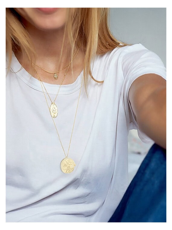 Collier long sautoir médaille bliss bonheur femme