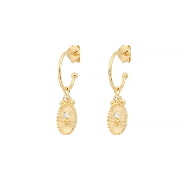 Boucles d'oreilles créoles paola - petites médailles dorées avec zircon naturel