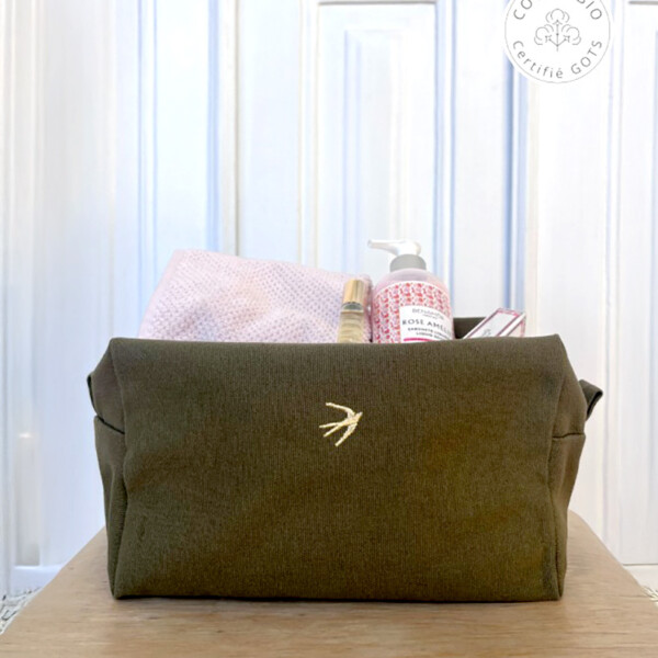 Trousse de toilette cube romane kaki en coton bio